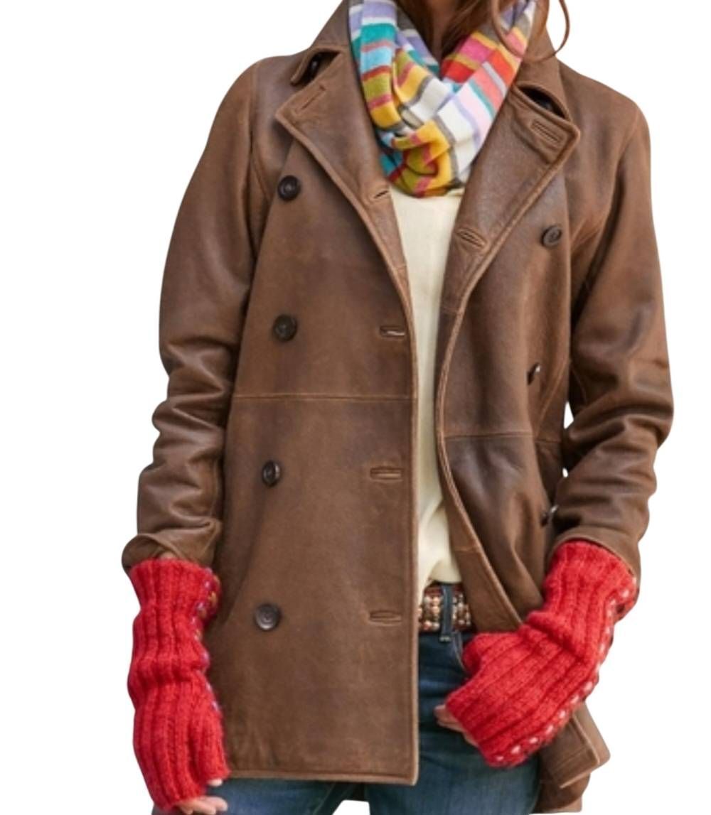 Sundance Coat Women's Medium Brown Distressed Leather Long Double Breasted